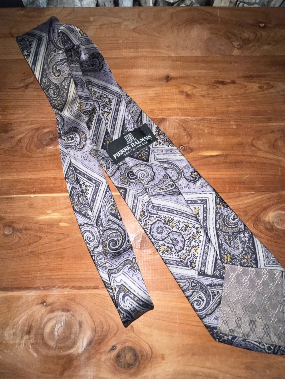VTG Pierre Balmain Paris 100% Italian Silk Tie Gray Paisley Geometric